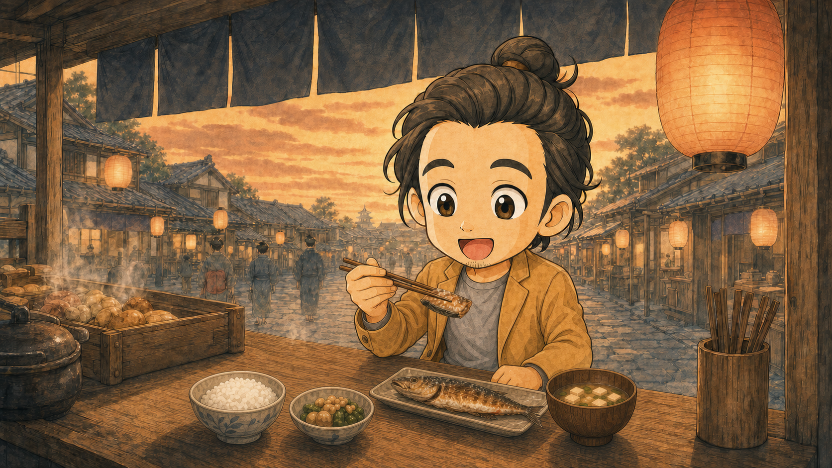 江戸時代の屋台で焼き魚や味噌汁の膳を前に食事を楽しむキャラクターのイラスト